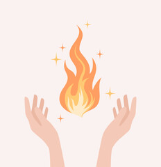 Two hands raised up to the flames above them. Flat vector illustration