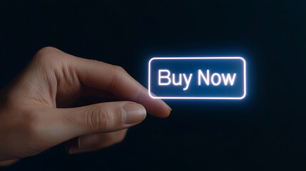 Press the glowing 'Buy Now' button to purchase immediately. A woman's hand hovers over it, ready to confirm the purchase.
