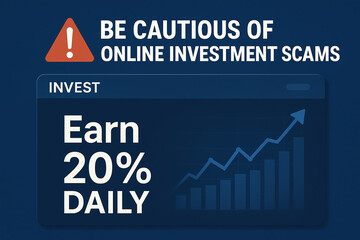A warning graphic about online investment scams, highlighting risks associated with fraudulent schemes offering unrealistic returns