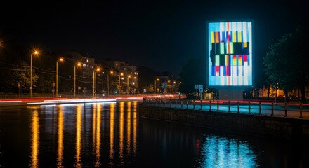 Fototapeta premium Lit, vibrant night scene featuring a colorful digital display near a body of water reflecting street lights