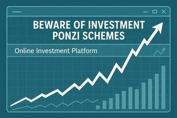 A warning graphic illustrating the dangers of Ponzi schemes in online investing, featuring a rising graph to symbolize financial growth and caution.