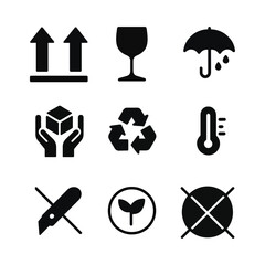 Packaging Icons Set for Cargo Shipping and Product Label Symbols Vector Collection for Boxes, Labels, and Logistics Signs.