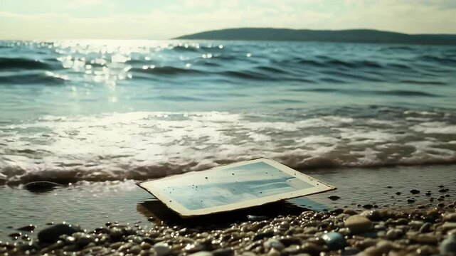 Tablet Device Laid on Shoreline with Seaside Waves Gently Lapping