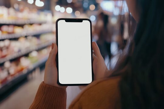 Woman uses phone with blank screen in grocery store