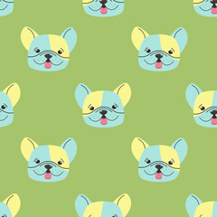 Seamless vector pattern with pastel cartoon French Bulldog faces on green background – playful and cute design