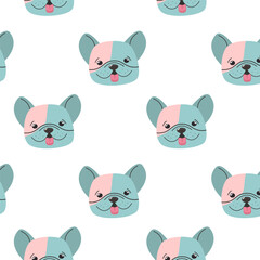 Fototapeta premium Seamless cartoon dog vector pattern with pastel cartoon French Bulldog faces on white background – playful and cute design
