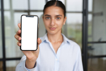 Women person hold smartphone smart phone blank white screen, horizontal photography connection cyberspace display indoors one person advertisement social media banner poster 4k full hd best download