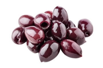 Close-up of whole kalamata olives in a bowl isolated on transparent background