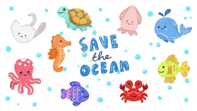 set collection of Cute hand drawn save the sea ocean beach animals creatures in pastel colors character doodle illustration kids summer season clipart crayon watercolour sticker design happy world