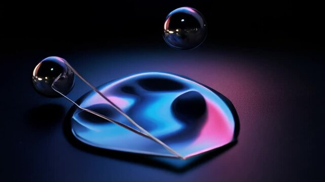3D Liquid Drop with Colorful Reflections on Dark Background 