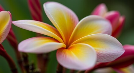 Obraz premium Close Up of a Pink and Yellow Plumeria Flower