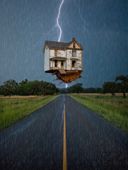 Ghost weathered house uprooted from the ground flying with exposed foundation. Surreal rapture with home floating eerily during a thunderstorm above the wet roadway with lightnings striking behind