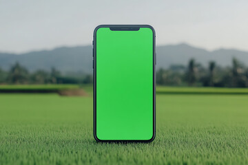 Mobile phone with green screen set against lush landscape background. Perfect for app demos or visual content overlay on phone's display.