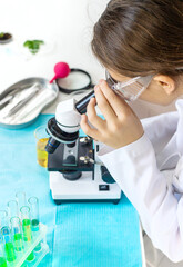 Laboratory research test tubes reagents and microscope. Selective focus.