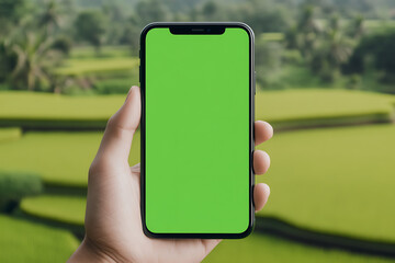 Hand holding a smartphone with a green screen against a lush green landscape, perfect for showcasing apps or mobile content on a serene backdrop.