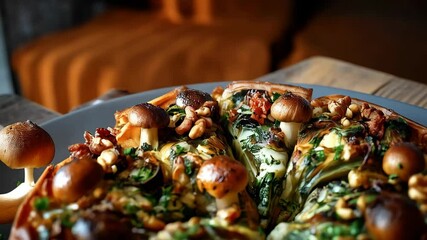 Delicious baked mushroom tart on a plate with walnuts, spinach, and herbs, showcasing vegetarian cuisine and homemade gourmet food art. - Powered by Adobe
