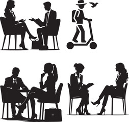 Silhouettes of people in business settings interviewing and discussing in various scenarios on white