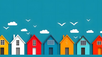 A row of colorful houses with clouds and birds in a bright, minimalist, paper-cut style against a blue sky.