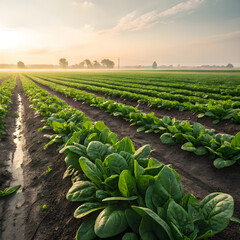 A lush spinach field with rows of deep green leaves stretching across the landscape.