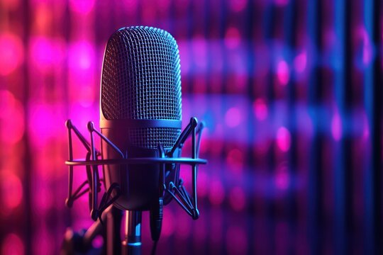 Microphone with colorful sound waves in glowing stage light