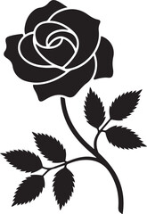 Rose Silhouette with Leaves | Flower silhouette Vector illustration | Elegant Floral Vector Design | Stylized Black Rose Illustration Featuring Leaves and Detailed Petals