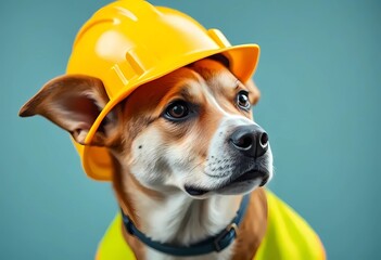A cheerful dog wearing a work helmet and uniform. Labor Day in the United States. Respect for labor and the unofficial end of summer	