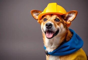 A cheerful dog wearing a work helmet and uniform. Labor Day in the United States. Respect for labor and the unofficial end of summer	