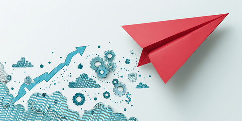Red paper airplane taking off, leaving behind a trail of blue gears, clouds, and an upward arrow, symbolizing growth and progress in business