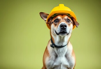 A cheerful dog wearing a work helmet and uniform. Labor Day in the United States. Respect for labor and the unofficial end of summer	