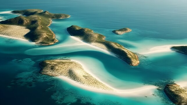 Aerial View of Great Keppel Island, Australia: Unique Shape, Multiple Islands, Crystal Clear Blue Ocean, Sandy Beaches, Lush Greenery, Tropical Island in the Background