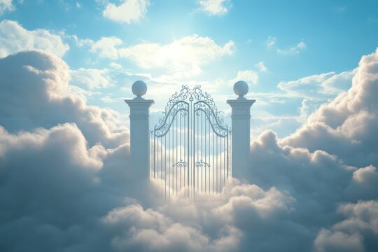 Heavenly pearly gates in clouds symbolizing afterlife
