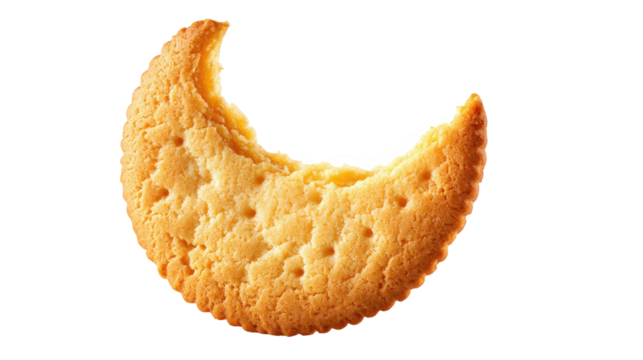 Round cookie bitten into a crescent moon shape, isolated on transparent background, perfect for creative projects related to food, snacks, and desserts