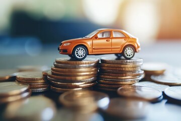 Mini car balanced on coins representing auto savings and finance