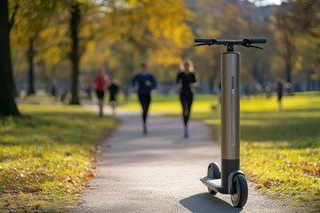 Electric scooter parked in city park promoting urban eco transport