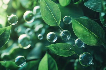 Oxygen molecules forming amid lush green leaves in natural process