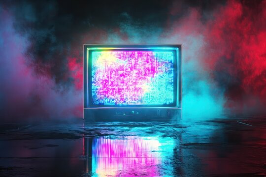 Retro neon dreamland with CRT pixel TV and static glow