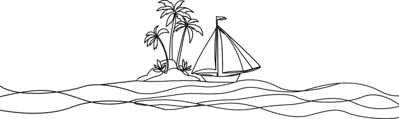 Sailboat at sea one line drawing .Ship . Sea boat one continuous line. Sail vessel . Island with palm trees. Landscape line art.Tropical beach.	