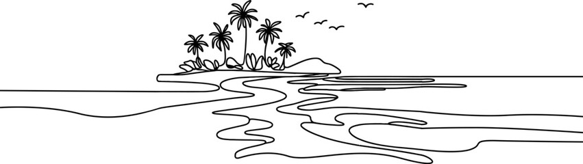 Palm tree one continuous line drawing. One line  of tropical palm trees . Ocean beach line art . Palm on the island .Tropical beach .Travel and vacation concept.Landscape.