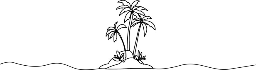 Palm tree one continuous line drawing. One line  of tropical palm trees . Ocean beach line art . Landscape.Palm on the island .Tropical beach .Travel and vacation concept.