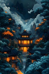 Mystical Temple Among the Clouds: A captivating view of a temple nestled in a serene cloud-filled mountain landscape, illuminated by a soft, inviting glow.
