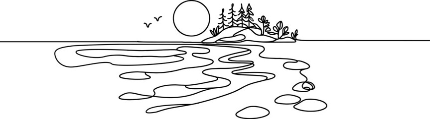 Island with a tree one continuous line drawing. One line  of tropical palm trees . Ocean beach line art . Sunset one line. .Tropical beach .Travel and vacation concept.Landscape.