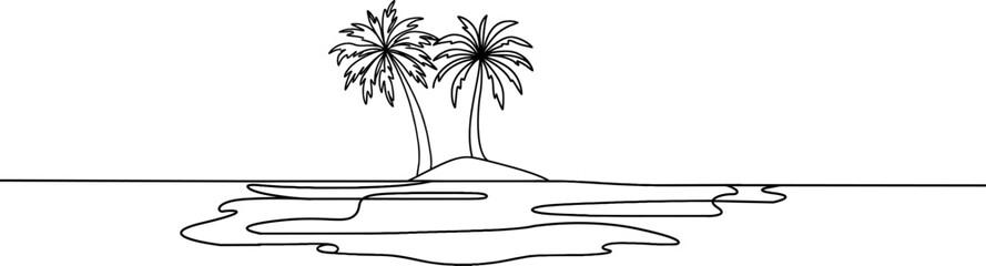 Palm tree one continuous line drawing. One line  of tropical palm trees . Ocean beach line art . Palm on the island .Tropical beach .Travel and vacation concept. Landscape.