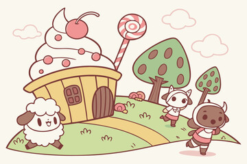 Kawaii food fantasy Chibi livestock animals made of candy! A marshmallow sheep with licorice wool, a chocolate cow with candy-cane horns, and a jellybean goat trotting toward a gingerbread mosque. Cup