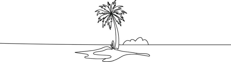Palm tree one continuous line drawing. One line  of tropical palm trees . Ocean beach line art . Palm on the island .Tropical beach .Travel and vacation concept.Landscape.