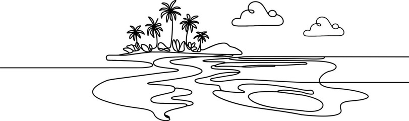 Palm tree one continuous line drawing. One line  of tropical palm trees . Ocean beach line art . Palm on the island .Tropical beach .Travel and vacation concept.Landscape.