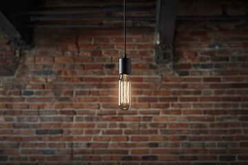 Vintage filament bulb glowing against brick wall