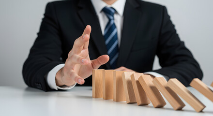 Business Professional in Control: A business person dressed in a formal suit makes a strategic move to stop the falling dominoes, showcasing leadership and decision-making.