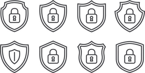 A set of eight shields with different designs and symbols representing security and protection themes