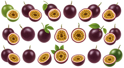 A collection of realistic passion fruit (chanh leo) illustrations, including whole purple and green fruits, and halved passion fruits revealing the yellow pulp with black seeds, some with leaves and s