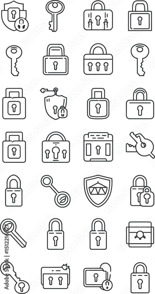Poster a collection of outlined keys and locks arranged in a grid pattern on a white background surface